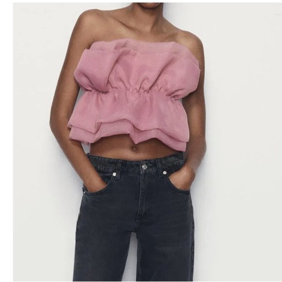 BLOGGER'S FAVE! Zara Organza Strapless Top Pink Sz S NWT - Picture 6 of 11